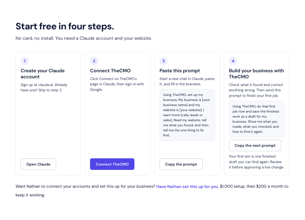 Our updated setup steps, with a copyable follow-up prompt and a direct setup-call link.
